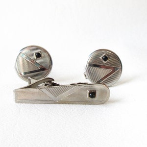 Fifth Ave Black and Silver Cufflink and Tie Bar Set Cuff Link Original Box