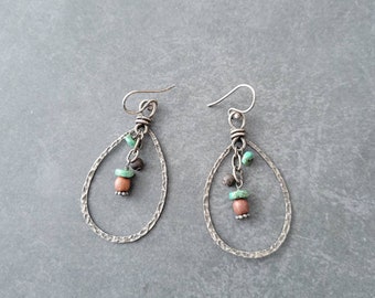 Sterling Turquoise Teardrop Earrings Hammered Finish