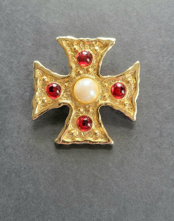 Maltese Cross Brooch Pin Gold Tone with Faux Pear… - image 1