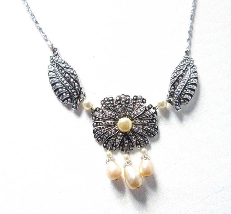 Faux Marcasite and Pearl Flower Necklace West Germany Aluminum Jewelry