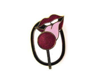 Enamel Lips Licking Lolipop Pin  Brooch