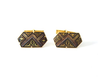 Damascene Cuff Links Chevron Gold Tone