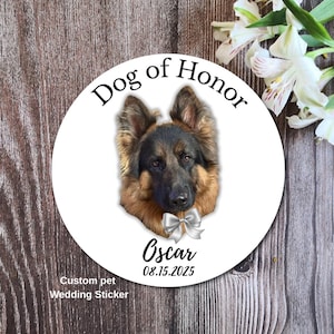 Custom Dog of Honor Wedding Stickers - Round Favor Label with Pet Photo, Name & Date - Personalized Dog Wedding Keepsake