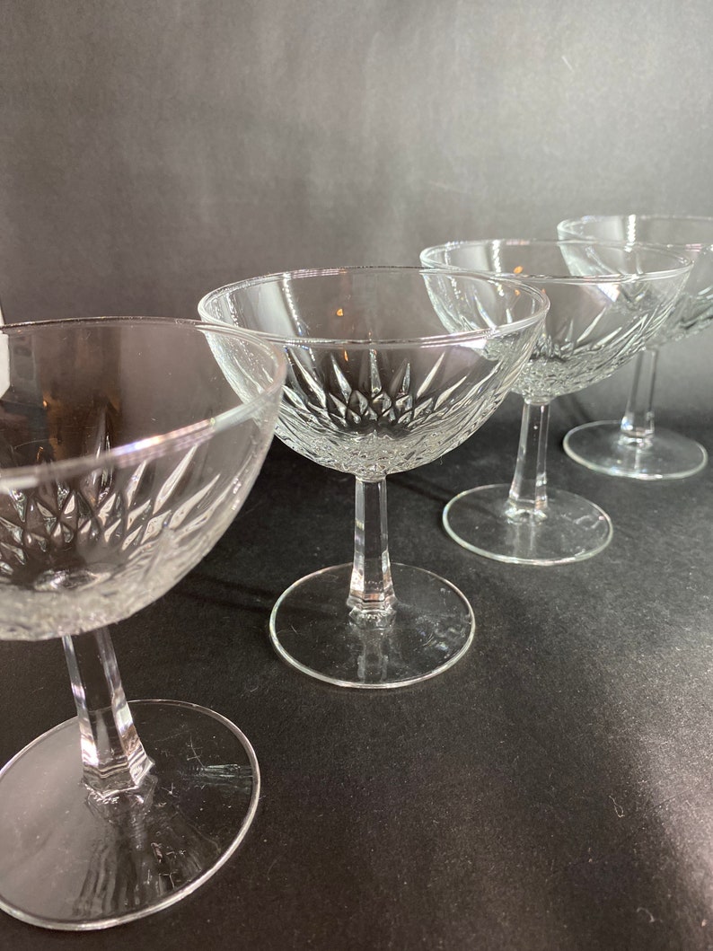 4 French Champagne Coupes with Faceted Stems image 1