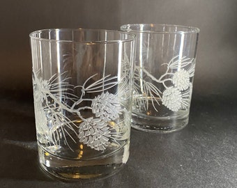 4 Frosted Pinecone Double Old Fashioned Glasses