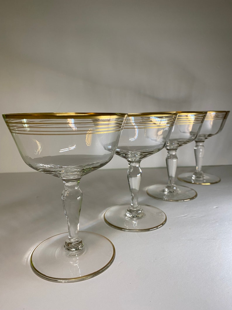 4 Vintage Champagne Coupes with Gold Bands image 2