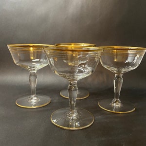 4 Vintage Champagne Coupes with Gold Bands image 4