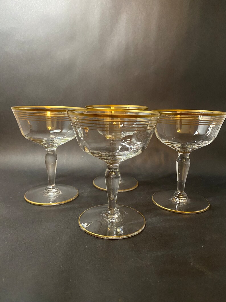 4 Vintage Champagne Coupes with Gold Bands image 4