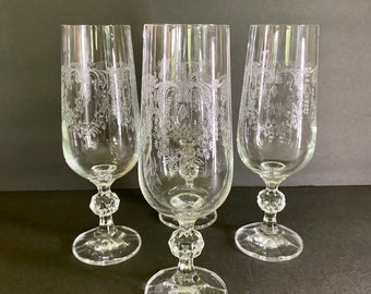 4 Etched Crystal Champagne Flutes with Cut Crystal Ball Stem