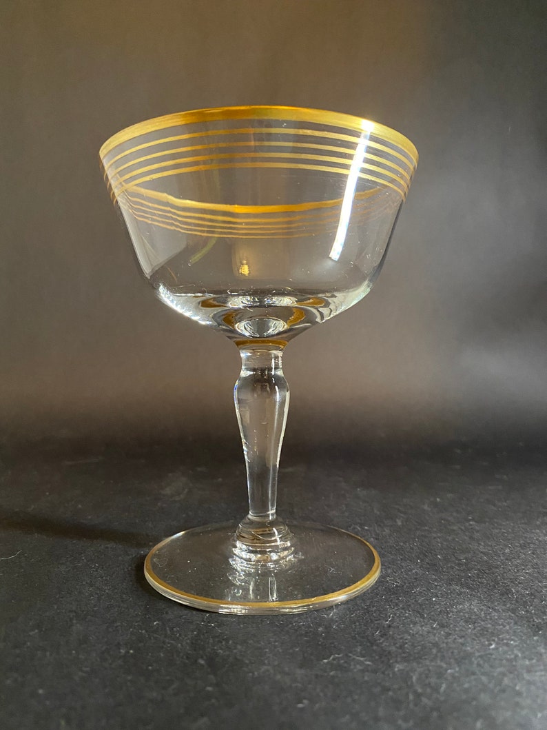 4 Vintage Champagne Coupes with Gold Bands image 8