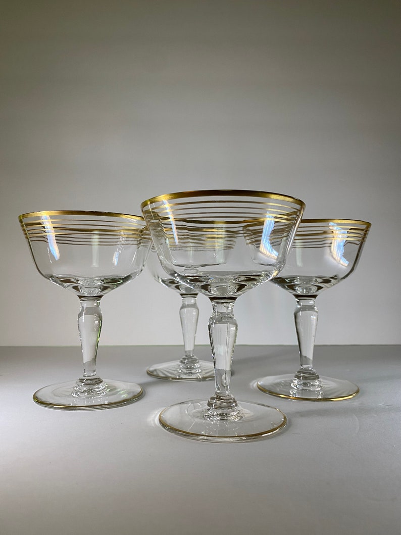 4 Vintage Champagne Coupes with Gold Bands image 9