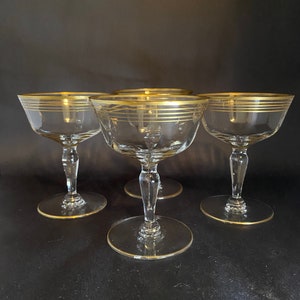 4 Vintage Champagne Coupes with Gold Bands image 1