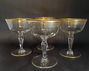 4 Vintage Champagne Coupes with Gold Bands