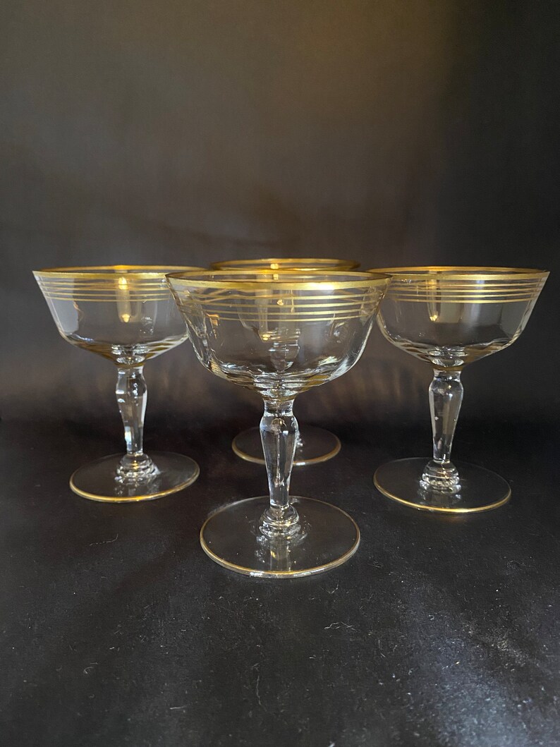 4 Vintage Champagne Coupes with Gold Bands image 1