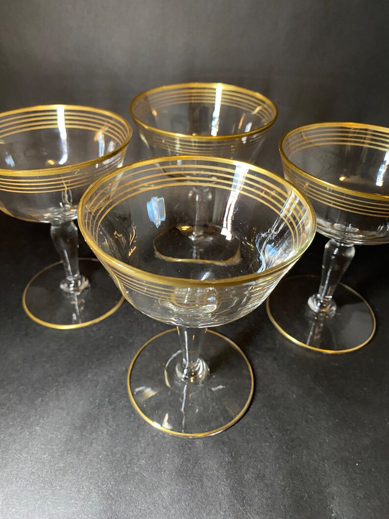 4 Vintage Champagne Coupes with Gold Bands image 6