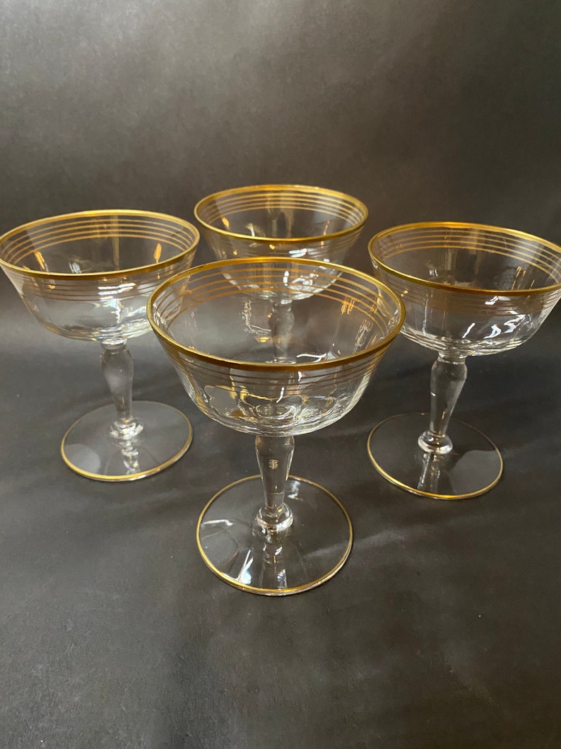 4 Vintage Champagne Coupes with Gold Bands image 5