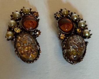 Vintage Clip Earrings Amber Pearl MCM