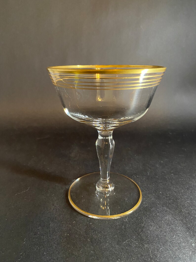 4 Vintage Champagne Coupes with Gold Bands image 7