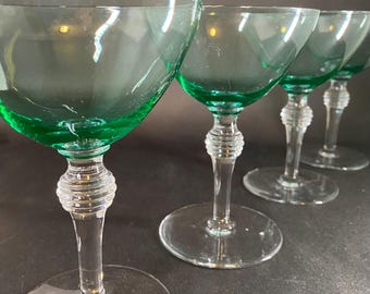 4 Bryce Aqua Champagne Coupes - Vaseline Glass - Uranium - 2 Sets Available