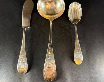 3-Piece Serving Set -  Pure Coin Silver Ladle - Master Butter - Sugar Spoon - F.&H. 110 grams