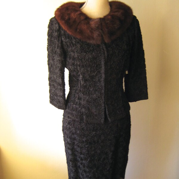 Vintage Maggie Chase Jacket and Skirt - Black with Mink Collar