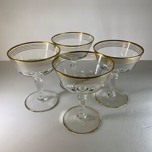 4 Vintage Champagne Coupes with Gold Bands image 3