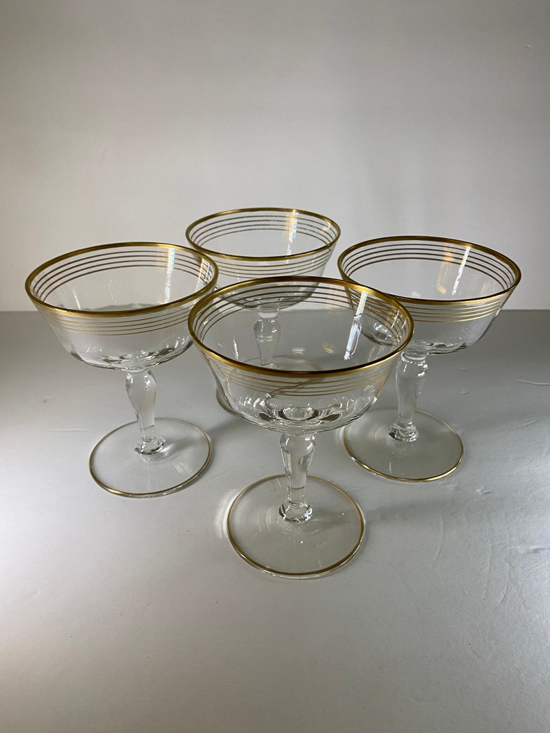 4 Vintage Champagne Coupes with Gold Bands image 3