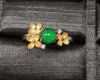 R986 Natural Green Jadeite, Sterling Silver 925 CZ Setting, Flower design Ring