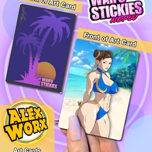 May include: Art cards featuring anime-style illustrations. One card shows a woman in a blue bikini on a beach, the other has a purple palm tree design. The cards are labeled "WAIFU STICKIES NSFW" and "ALEX WORX". The back of the cards are signed by the artist.