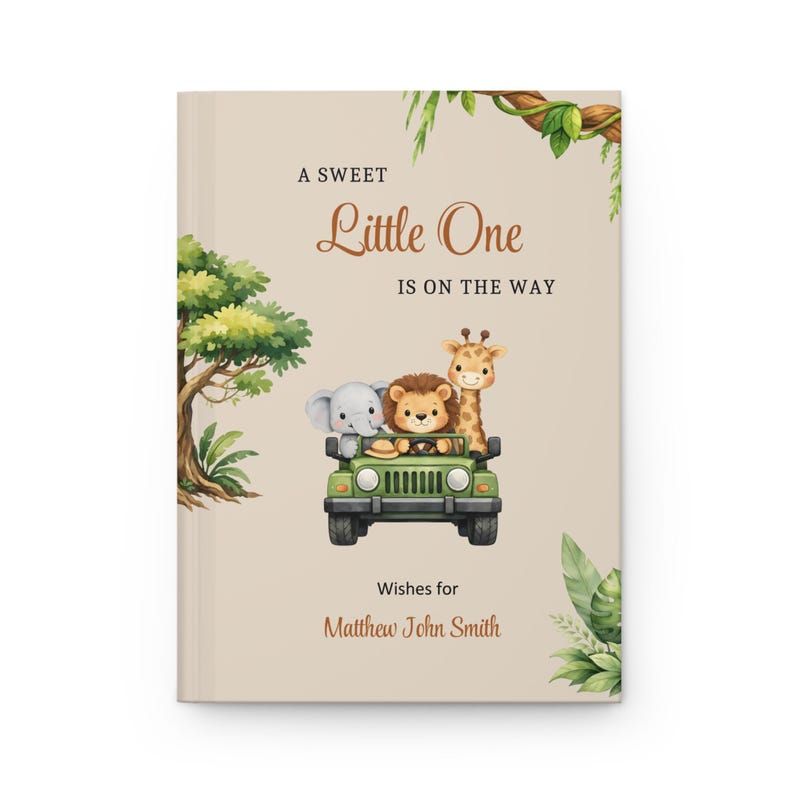 Safari Baby Shower Guest Book, Custom Name,Baby Neutral, Beige, Sage Green, Caramel, Brown, Safari Jungle Animals Shower Decoration image 8