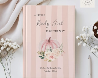 Pink Pumpkin Baby Shower Guest Book, Blush Striped Floral Baby Girl Decoration, Baby Girl, Custom Guest Sign-in, Mom to be Gift