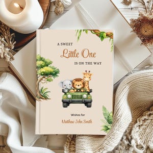 Safari Baby Shower Guest Book, Custom Name,Baby Neutral, Beige, Sage Green, Caramel, Brown, Safari Jungle Animals Shower Decoration image 1
