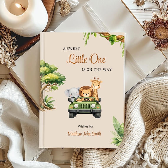 Safari Baby Shower Guest Book, Custom Name,Baby Neutral, Beige, Sage Green, Caramel, Brown, Safari Jungle Animals Shower Decoration
