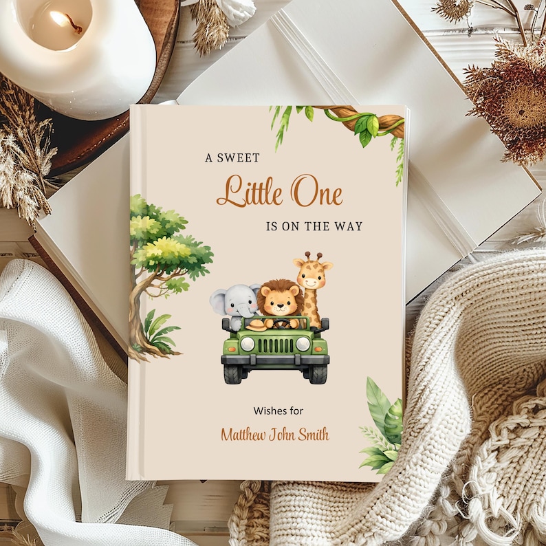 Safari Baby Shower Guest Book, Custom Name,Baby Neutral, Beige, Sage Green, Caramel, Brown, Safari Jungle Animals Shower Decoration image 1