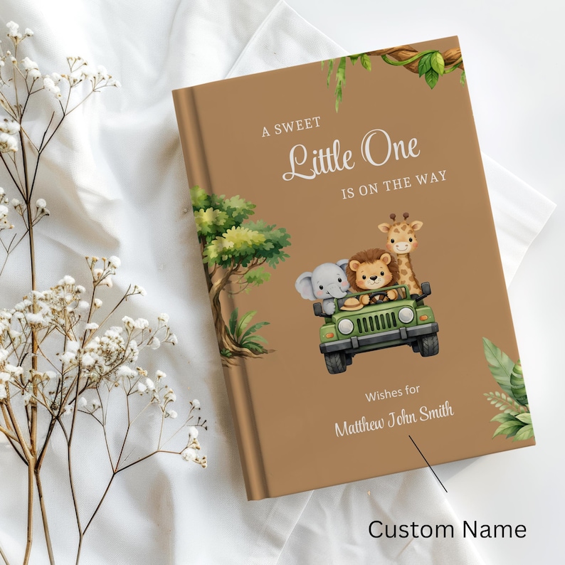 Safari Baby Shower Guest Book, Custom Name,Baby Neutral, Beige, Sage Green, Caramel, Brown, Safari Jungle Animals Shower Decoration image 3