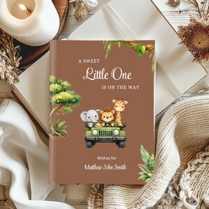 Safari Baby Shower Guest Book, Custom Name,Baby Neutral, Beige, Sage Green, Caramel, Brown, Safari Jungle Animals Shower Decoration image 4