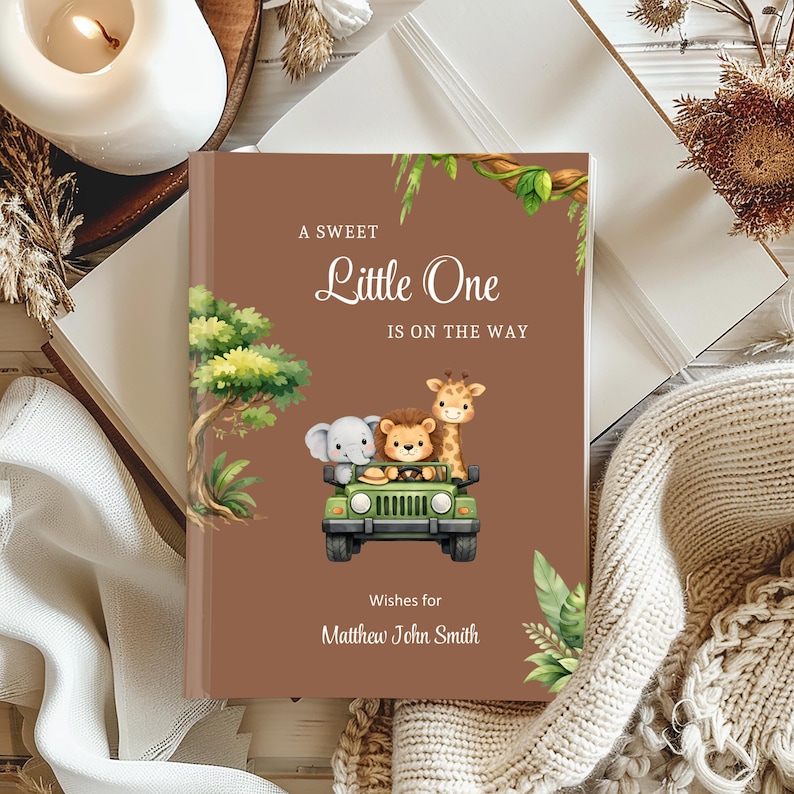 Safari Baby Shower Guest Book, Custom Name,Baby Neutral, Beige, Sage Green, Caramel, Brown, Safari Jungle Animals Shower Decoration image 4