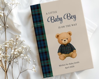 Teddy Bear Baby Shower Guest Book, Custom Name and Date, Baby Boy Plaid Blue Green