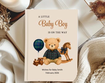 Plaid Blue Green Teddy Baby Shower Guest Book, Custom Name and Date, Baby Boy, Vintage inspired