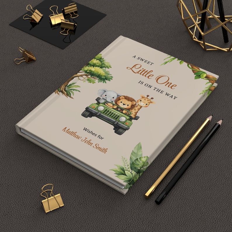 Safari Baby Shower Guest Book, Custom Name,Baby Neutral, Beige, Sage Green, Caramel, Brown, Safari Jungle Animals Shower Decoration image 10