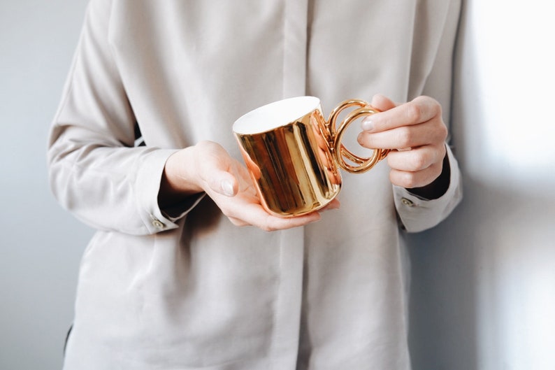 TWIST mug, porcelain cup painted with real gold, ceramic mug for coffee or tea, luxurious handmade gift image 5