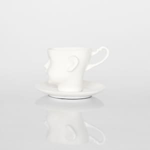 Doll head porcelain cup with saucer - white artisan cup, for coffee or tea, funny ceramic cup