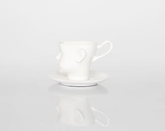 Doll head porcelain cup with saucer - white artisan cup, for coffee or tea, funny ceramic cup