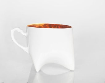 TRIPLE White porcelain cup with gold inside - unique coffee mug or tea cup, contemporary ceramic cup handmade by ENDE