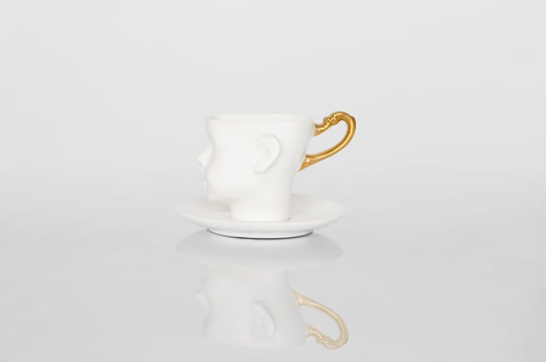 Doll head porcelain cup with gold handle unique coffee cup with saucer by ENDE image 1