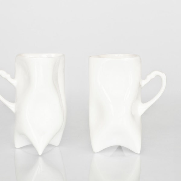 TRIDENT Set of two white porcelain cups, ceramic cups handmade for coffee or tea by ENDE