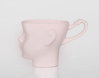 BIG SIZE Porcelain doll head coffee mug, pinkceramic mug, tea mug, china cup