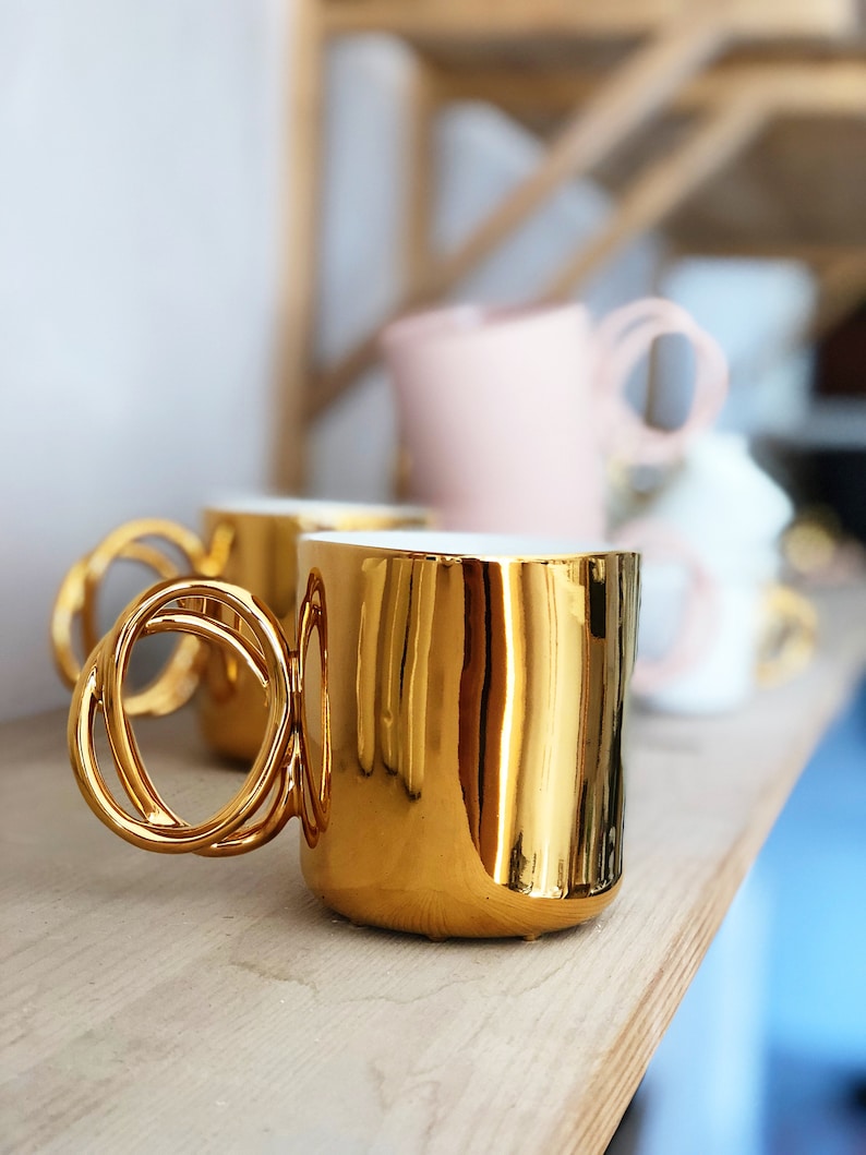 TWIST mug, porcelain cup painted with real gold, ceramic mug for coffee or tea, luxurious handmade gift image 6