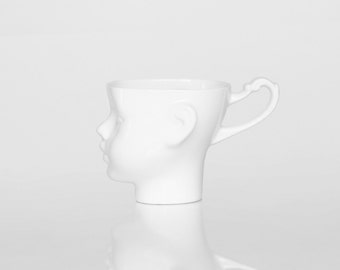 Porcelain DOLL HEAD mug - white artisan cup, for coffee or tea