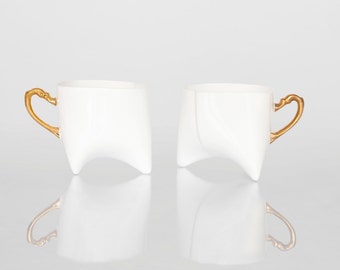 TRIPLE Set of two porcelain cups with gold handle - unique coffee mug or tea cup white with gold, contemporary ceramic cup handmade by ENDE